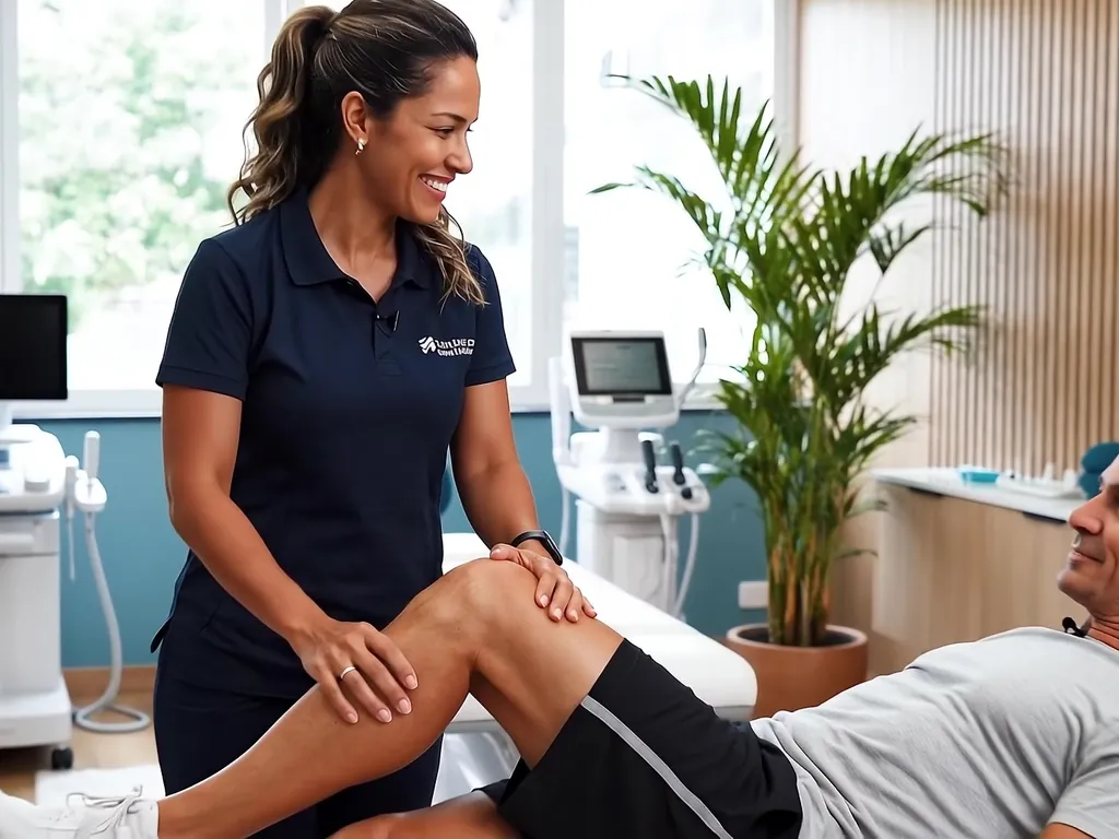 Fisioterapeuta realizando terapia manual no joelho do paciente