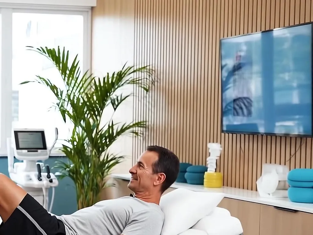 Espaço de atendimento com maca e área de exercícios